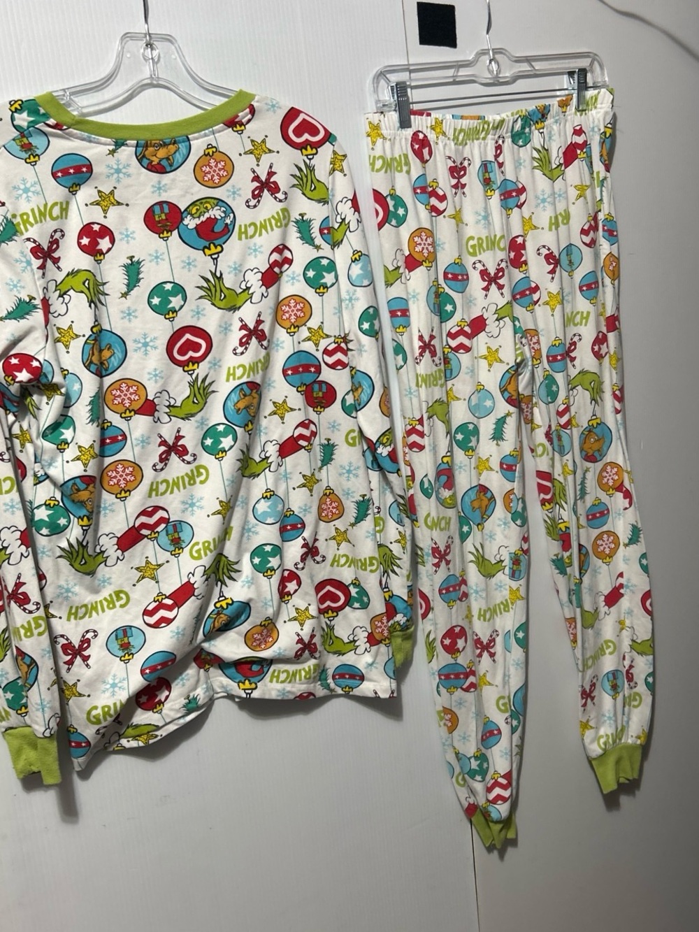 Grinch Women's Holiday Pajama Set in White with Green, Red, Blue Accents
